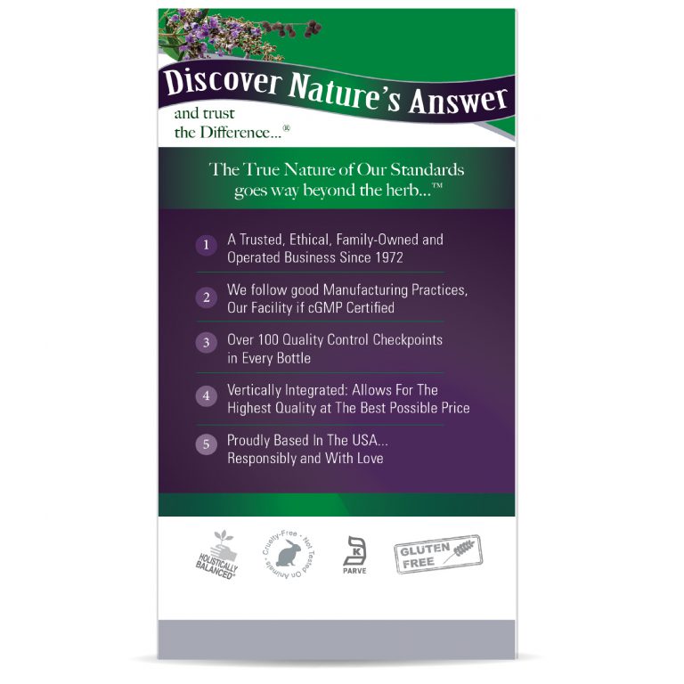Product packaging with 'Discover Nature's Answer' branding and text on a white background