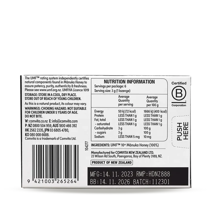 Barcode image: Comvita Manuka Honey Lozenges UMF 10+ barcode pack 6 count