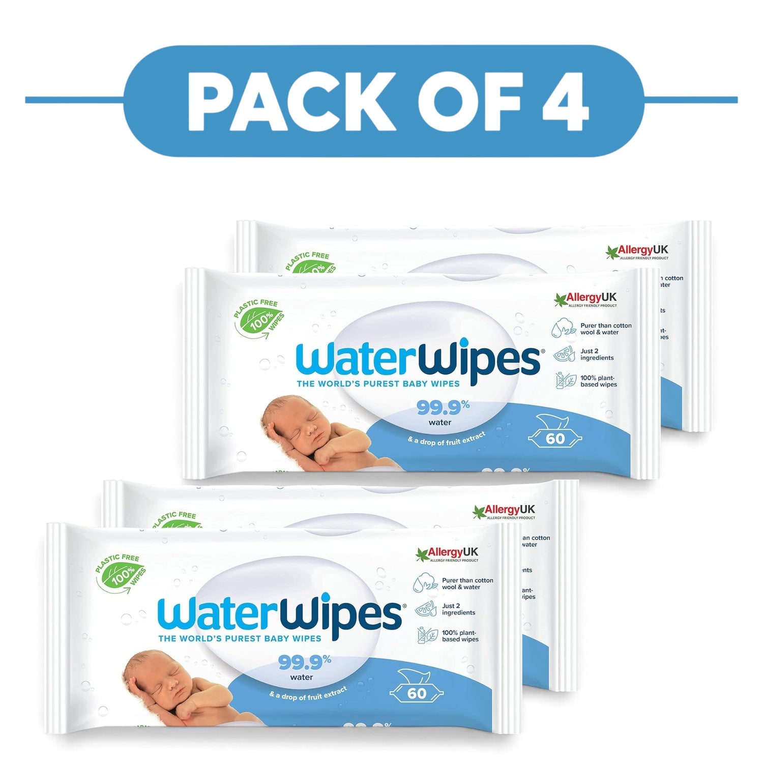 WaterWipes Sensitive+ Newborn Baby Wipes 99.9% Water 60 Wipes Pack of 4