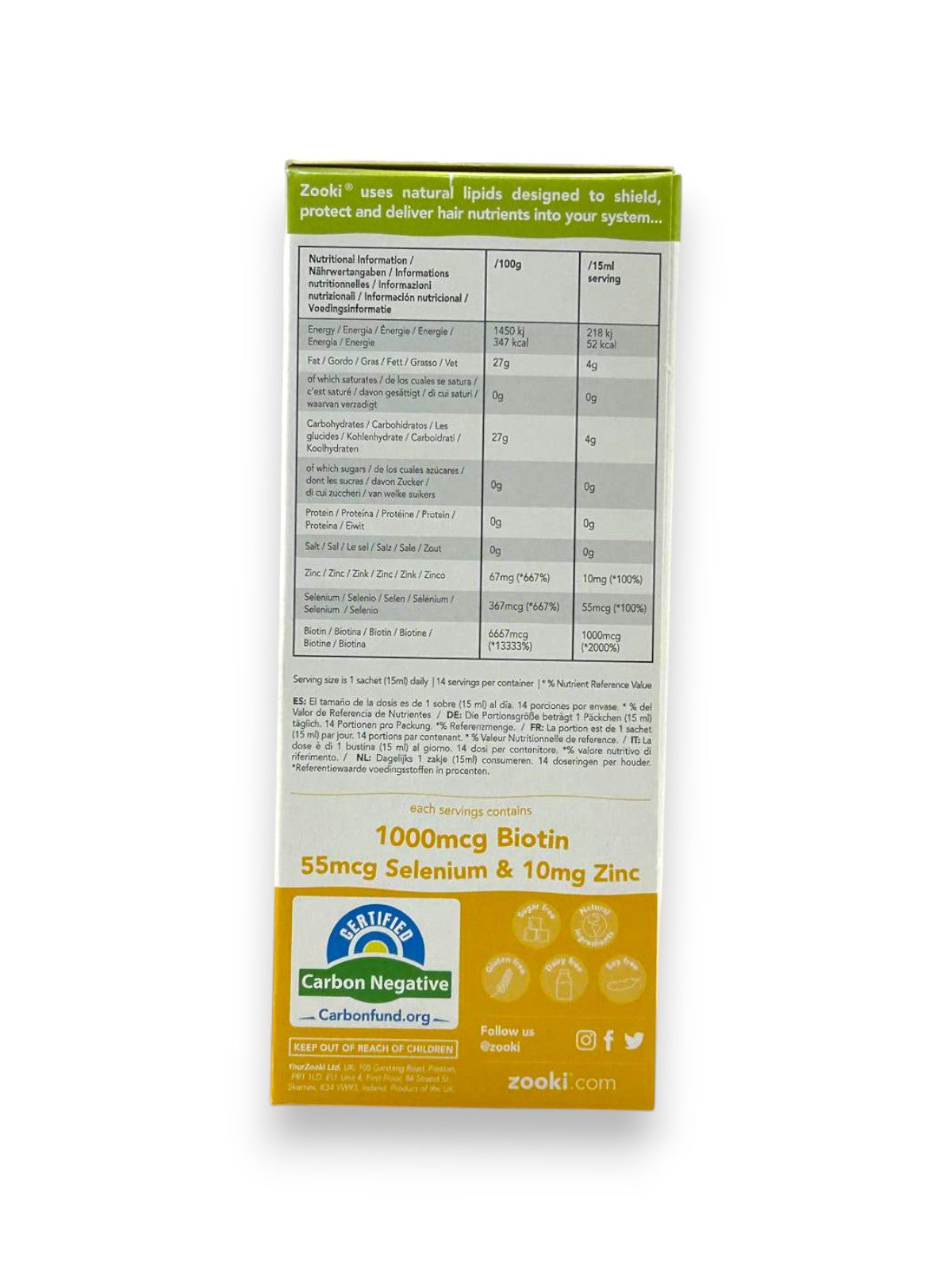 Supplement package with nutritional information on a white background