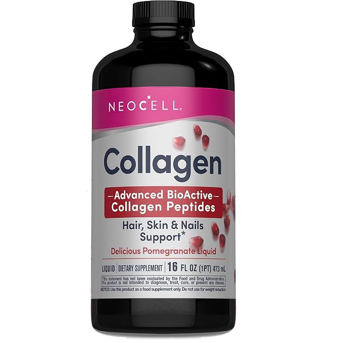 NeoCell Pomegranate Liquid Collagen 473ml bottle with fruit and green tea blend on white background.