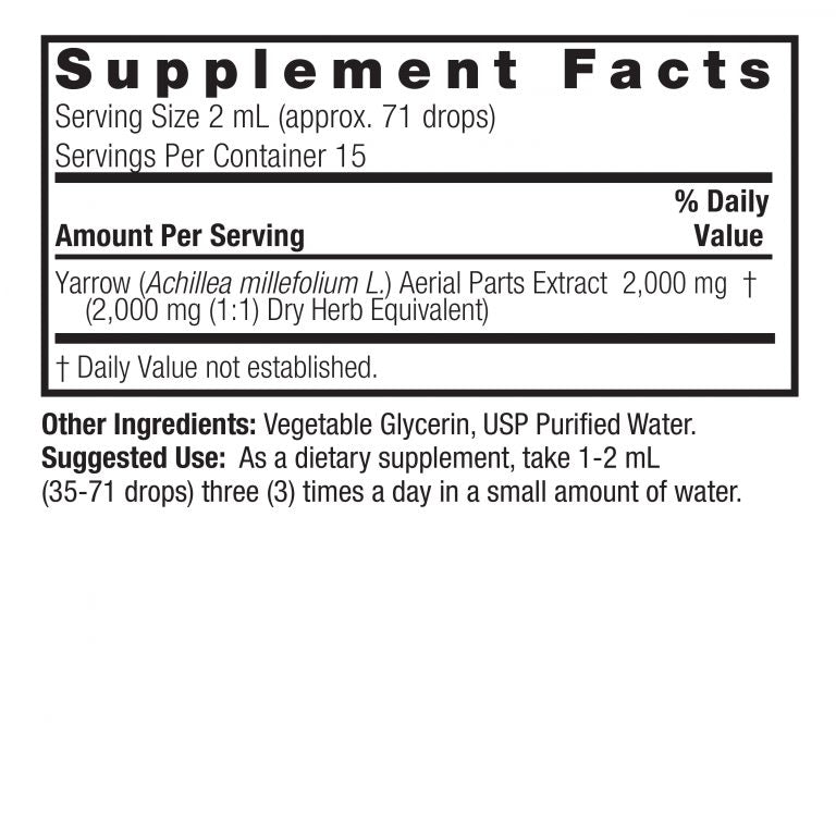 Supplement facts label for Yarrow extract dietary supplement on a white background