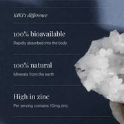 Supplement facts & ingredients image: KIKI Health ionic zinc liquid drops ingredient panel bottle 50ml