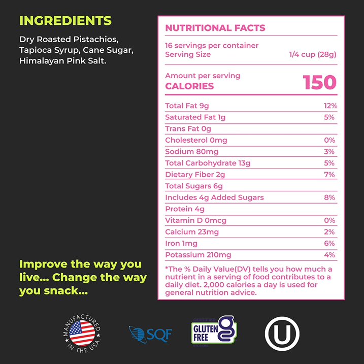 Supplement facts & ingredients image: 180 snacks pistachio squares ingredients label pack 454g