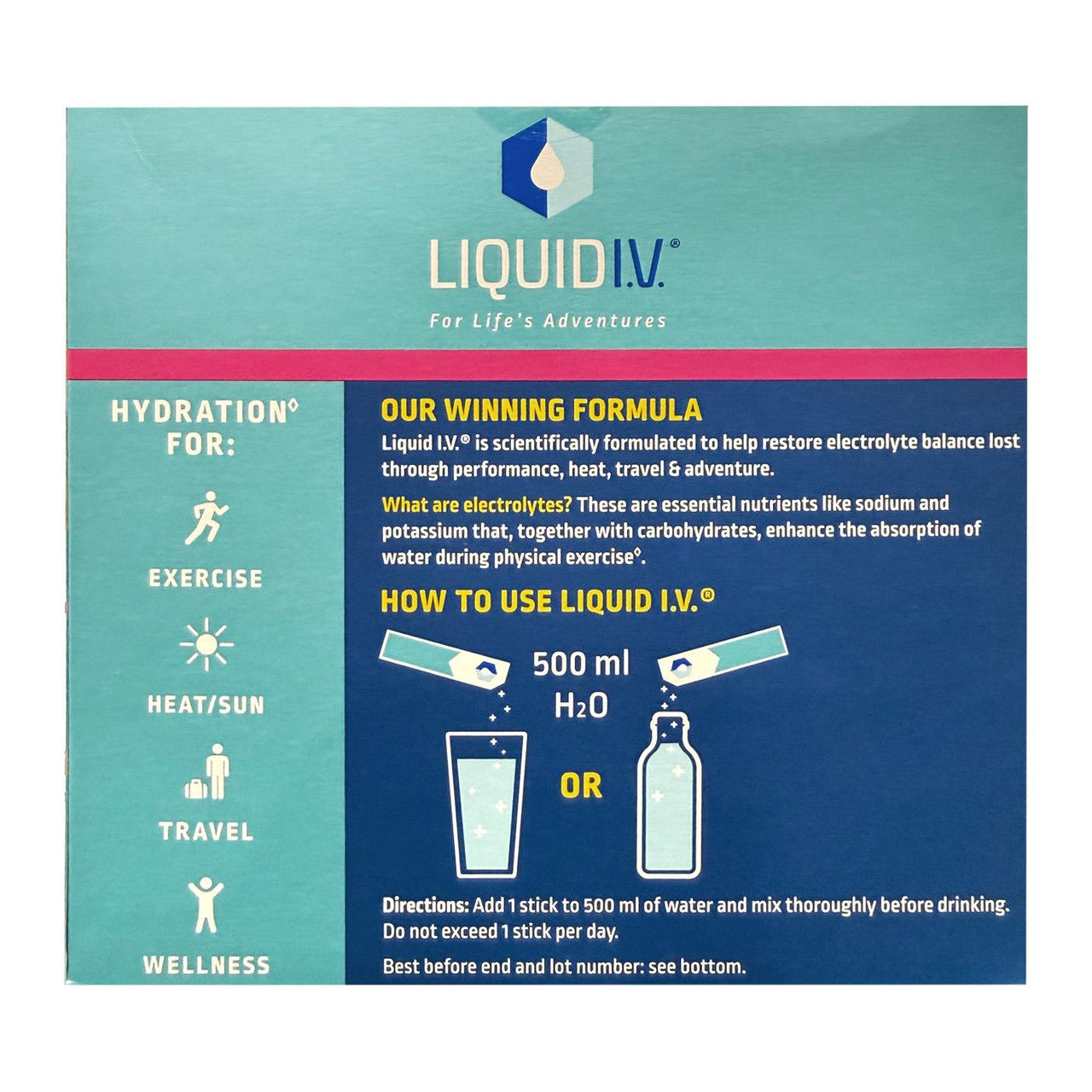 Liquid IV product packaging with branding and usage instructions on a blue and green background