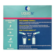Liquid IV product packaging with branding and usage instructions on a blue and green background