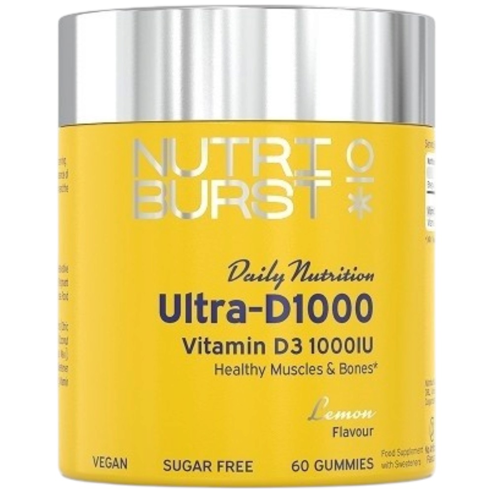 A yellow and silver jar of Nutri Burst Ultra-D1000 Vitamin D3 10000IU gummies, lemon flavor, on a white background.