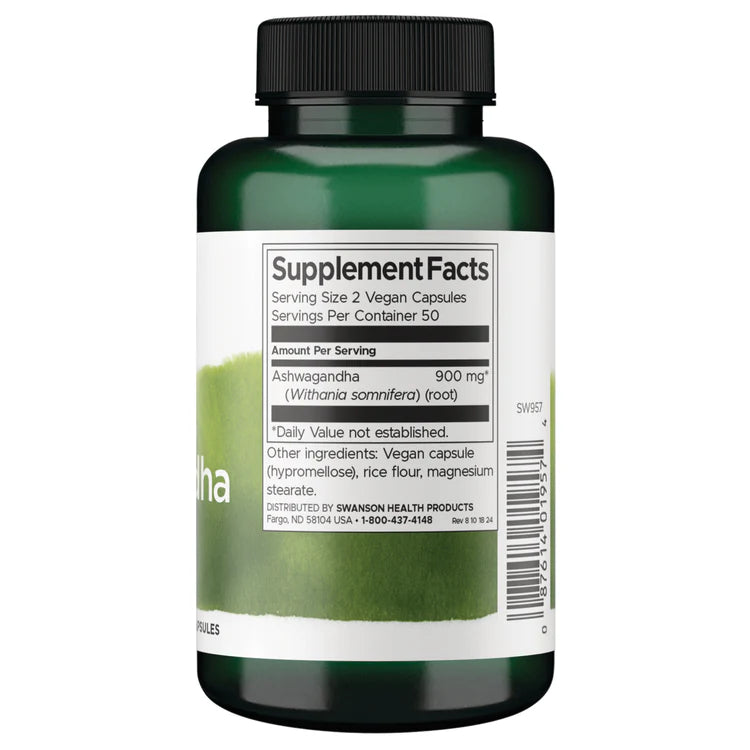 Swanson Full Spectrum Ashwagandha 450mg 100 Vegan Capsules Pack of 2 supplement bottle with label on a white background