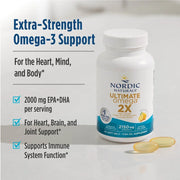 Front of Nordic Naturals Ultimate Omega 2X Omega-3 bottle, lemon flavour, 60 softgels.