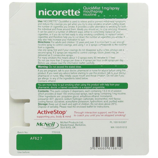 Nicorette QuickMist 1mg Freshmint mouth spray ingredients & barcode label 150 sprays
