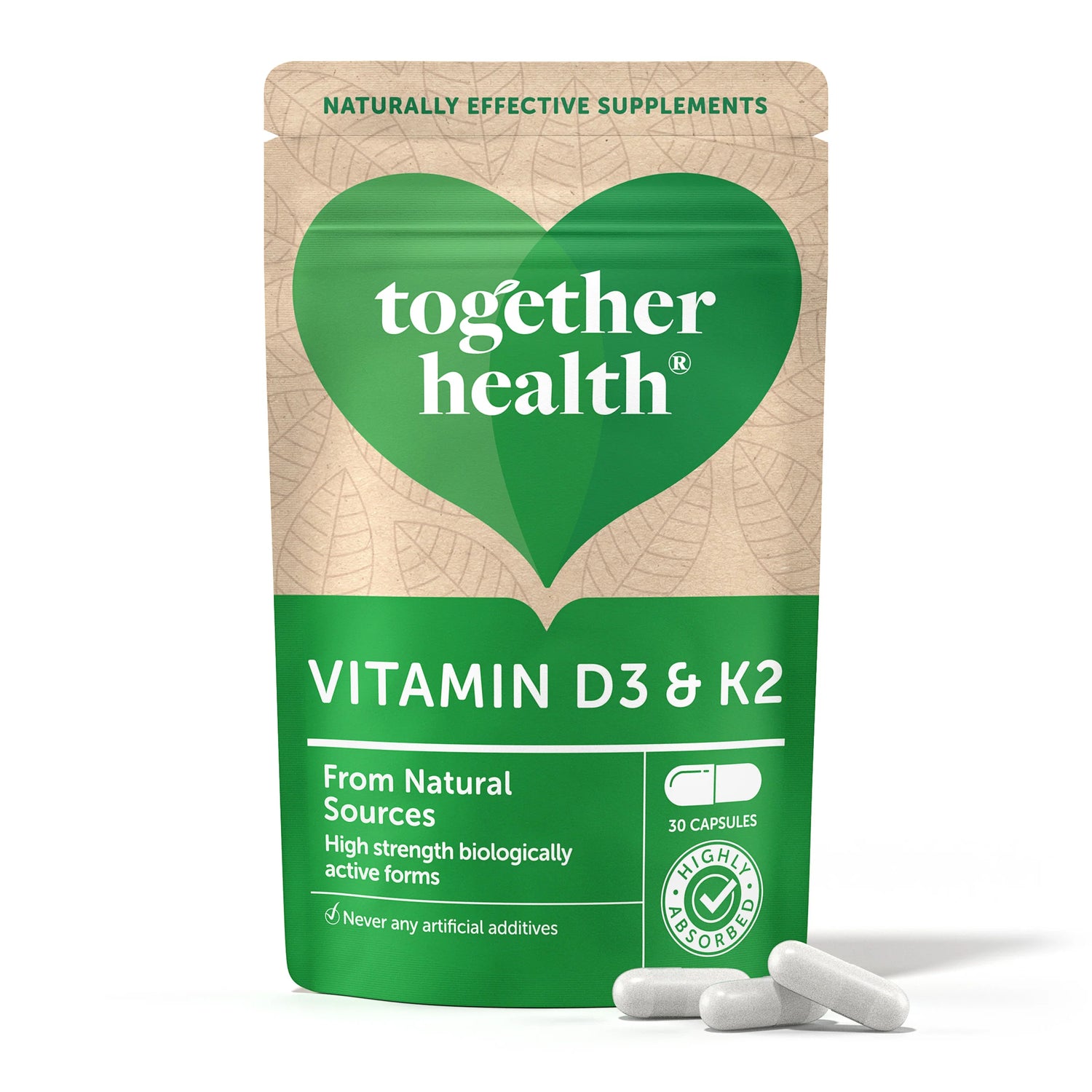 Together Health Vitamin D3 and K2 30 capsules pouch