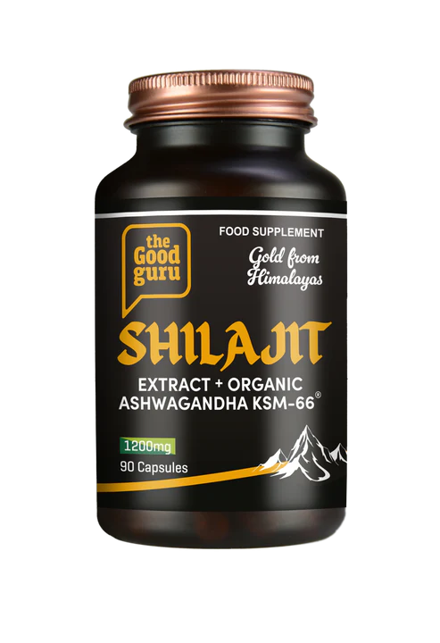 The Good Guru Shilajit and Ashwagandha KSM-66 supplement bottle, 90 capsules, on white background.