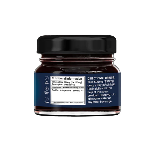 Label showing supplement facts for The Good Guru Shilajit Resin, 20g, on white background.