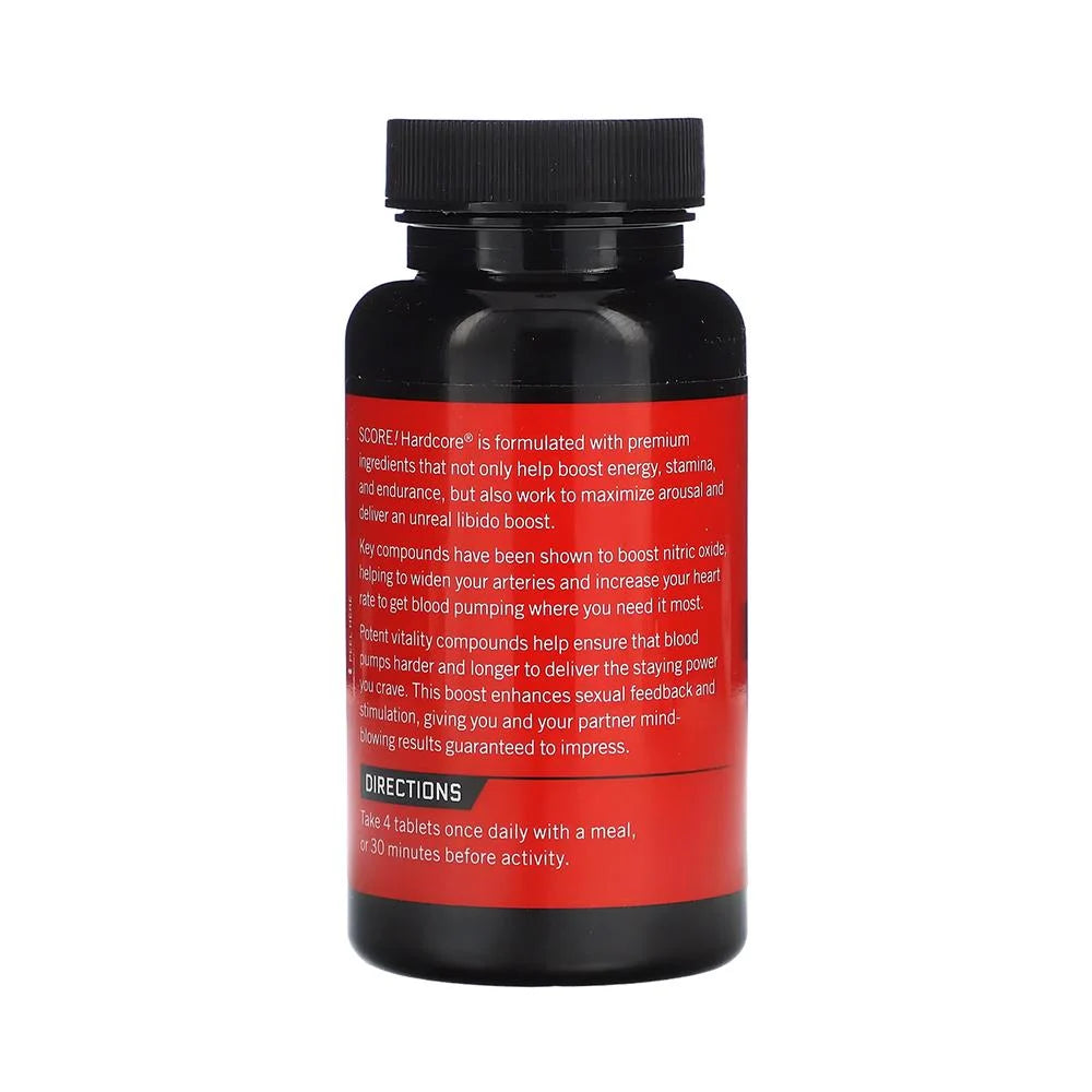 Black supplement bottle with red label on a white background