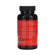 Black supplement bottle with red label on a white background