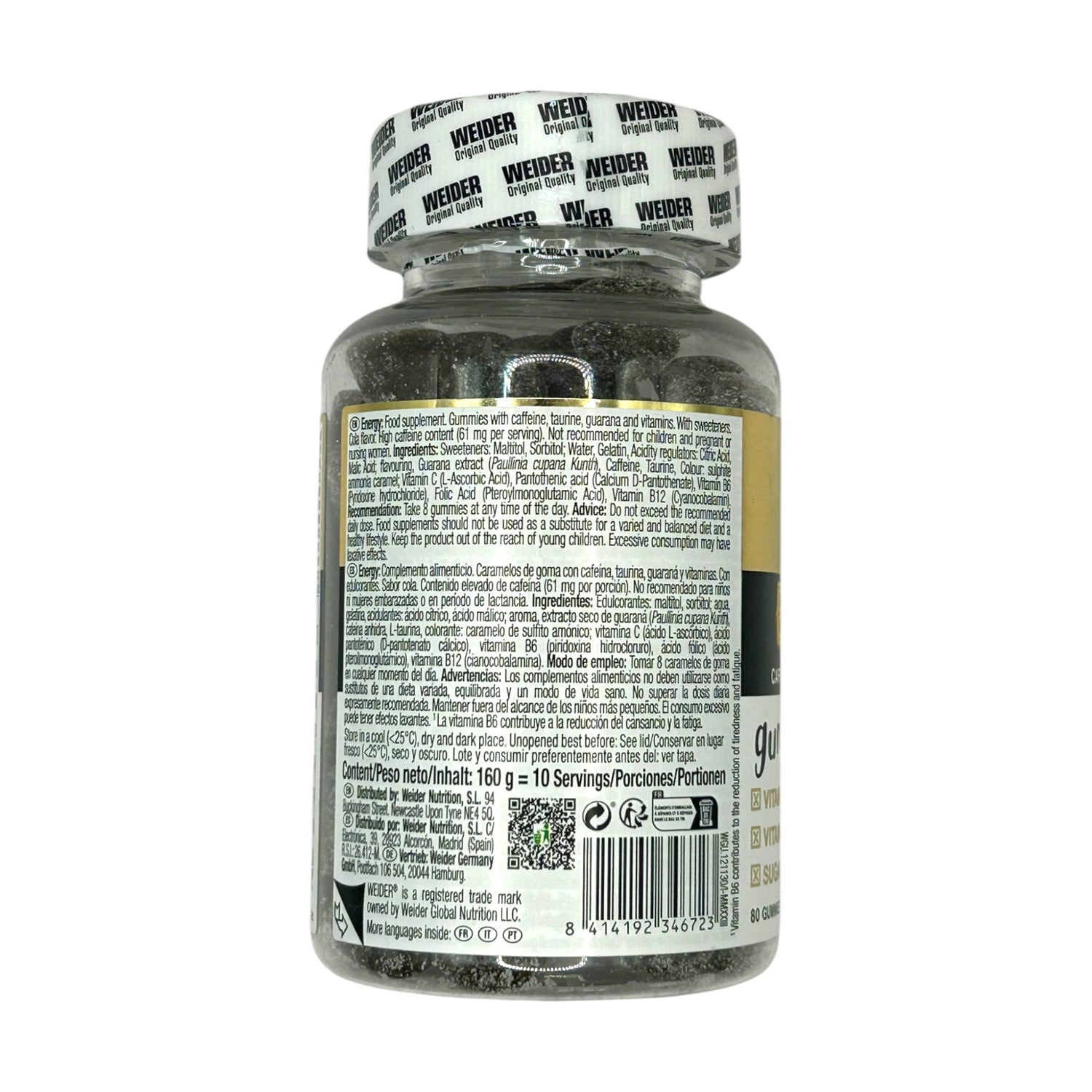 Back view of a WEIDER supplement bottle with label details on a white background