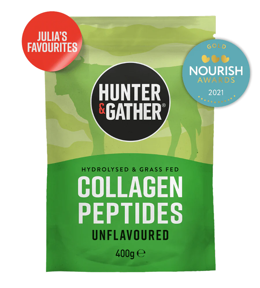 Green package of Hunter & Gather collagen peptides with branding and award badge on a white background