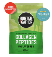 Green package of Hunter & Gather collagen peptides with branding and award badge on a white background