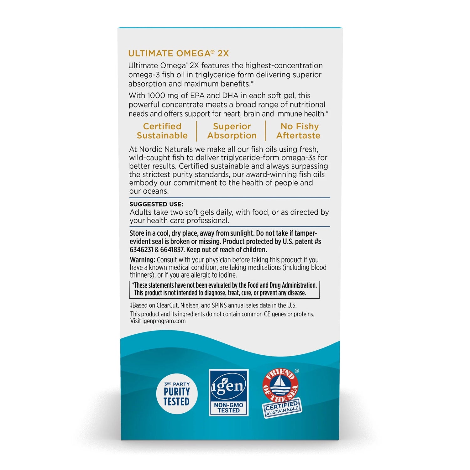 Back of Ultimate Omega 2X supplement bottle showing supplement facts panel and usage instructions.