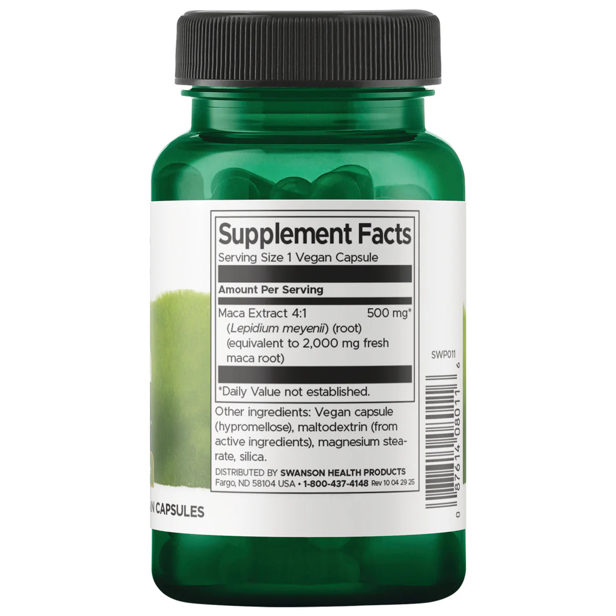Swanson Maca 500mg 60 Vegan Capsules Supplement Facts panel and product barcode on bottle label