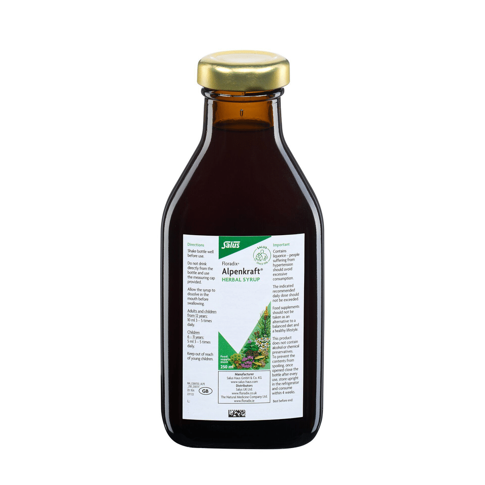 Floradix Alpenkraft Herbal Syrup bottle with honey & thyme, 250ml.