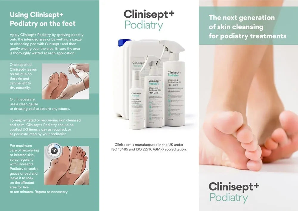 Clinisept+ Podiatry Foot Care Spray bottle, 500ml, professional use. Other variants & how to use.