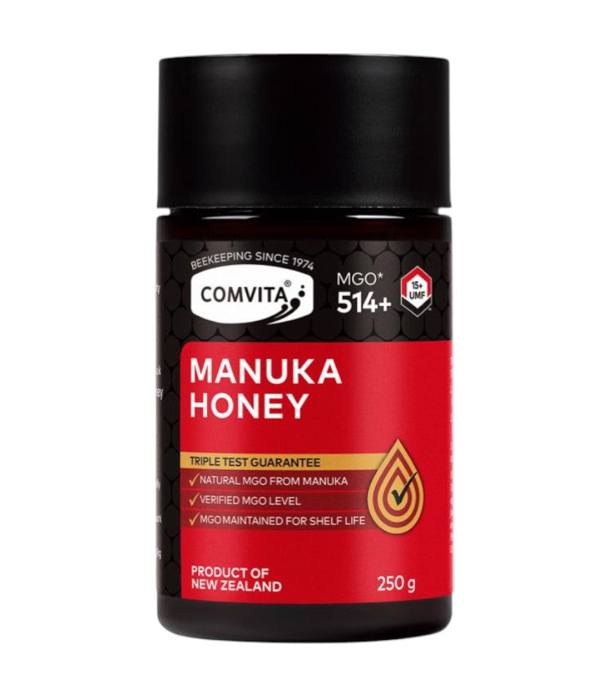 Front image: Comvita Manuka Honey UMF 15+ MGO 514+ glass tub 250g