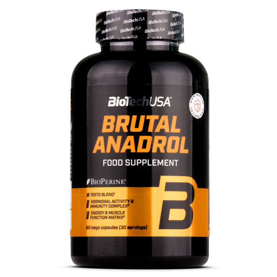 BIOTECH USA Brutal Series supplement bottle, black and red, 90 capsules.