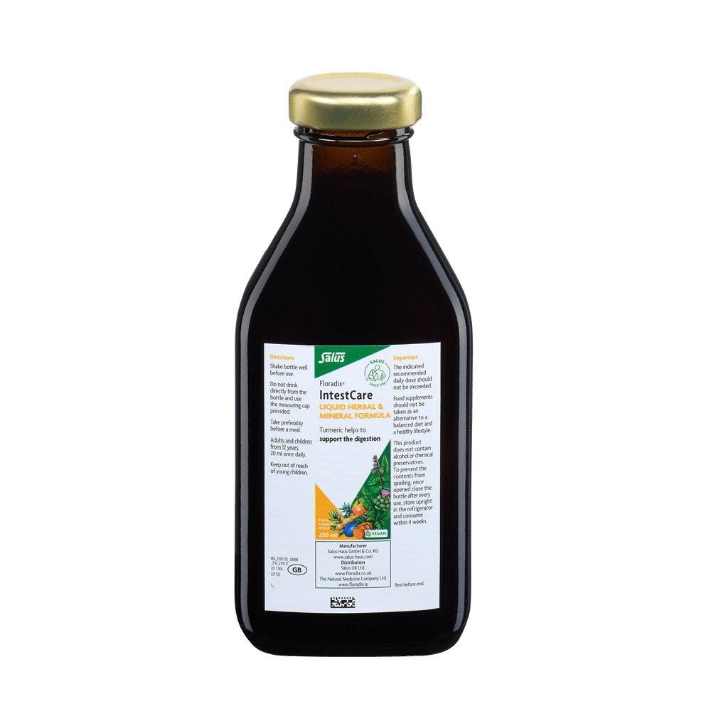 Floradix IntestCare Liquid Herbal & Mineral Formula bottle, 250ml.