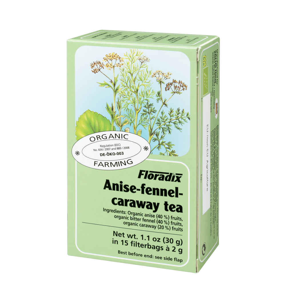 Floradix Organic Anise Fennel Caraway Herbal Tea blend box, 15 teabags.