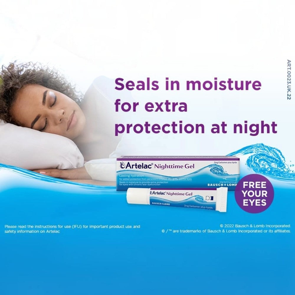 Artelac Nighttime Gel Lubricating Eye Gel 10g tube showing product name and eye lubricant details