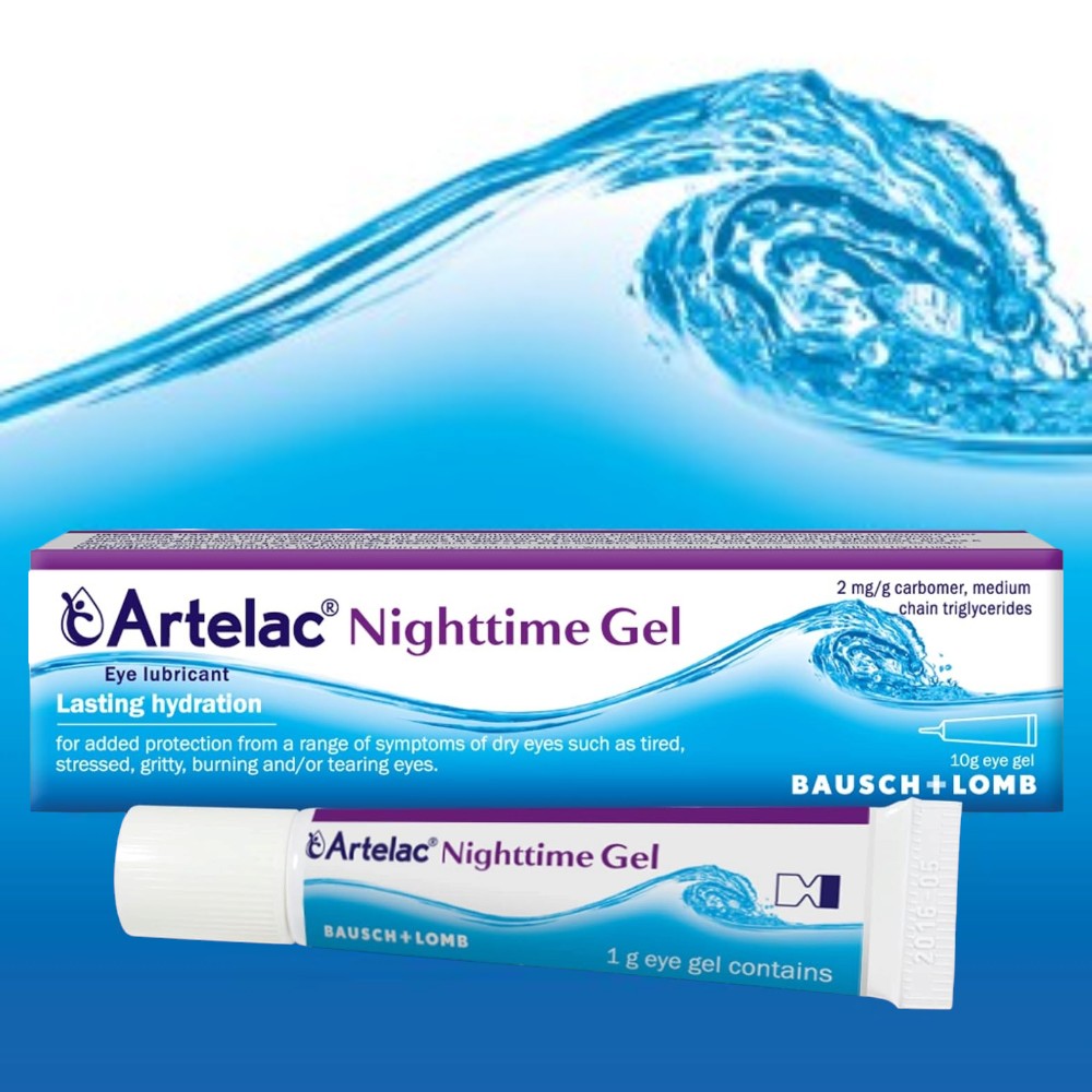 Artelac Nighttime Gel Lubricating Eye Gel 10g tube displayed alongside its carton