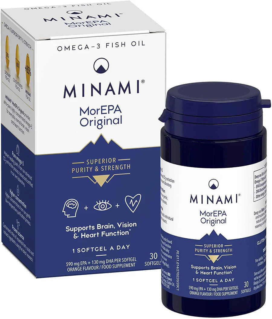 Minami MorEPA Original high-strength omega-3 fish oil softgels bottle and box, 30 count.