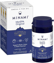 Minami MorEPA Original high-strength omega-3 fish oil softgels bottle and box, 30 count.