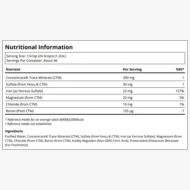 Nutritional information label for a product with various trace minerals listed.