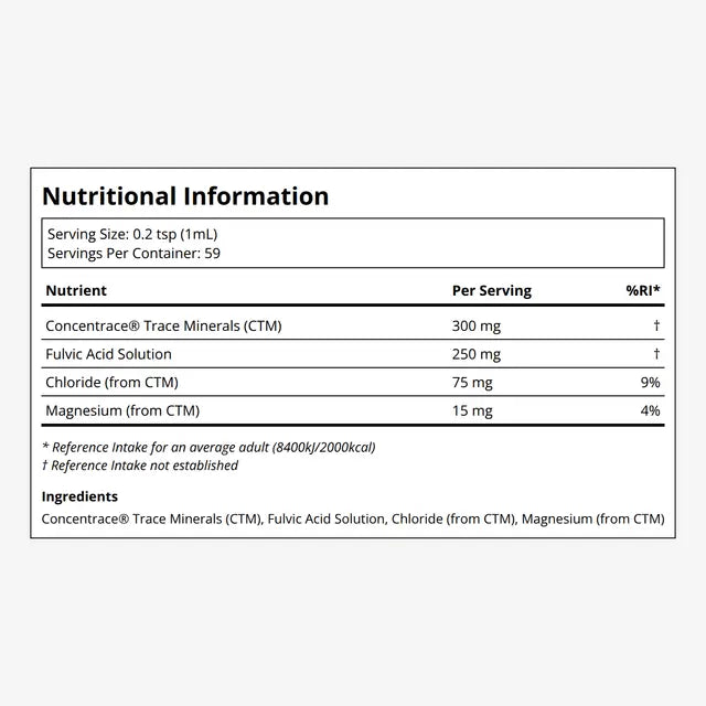 Nutritional information label for a supplement with detailed nutrient content and reference intake.