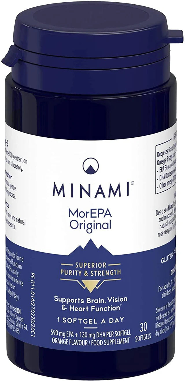 Minami MorEPA Original high-strength omega-3 fish oil softgels bottle, 30 count.