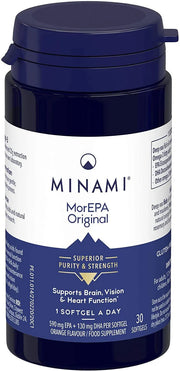 Minami MorEPA Original high-strength omega-3 fish oil softgels bottle, 30 count.