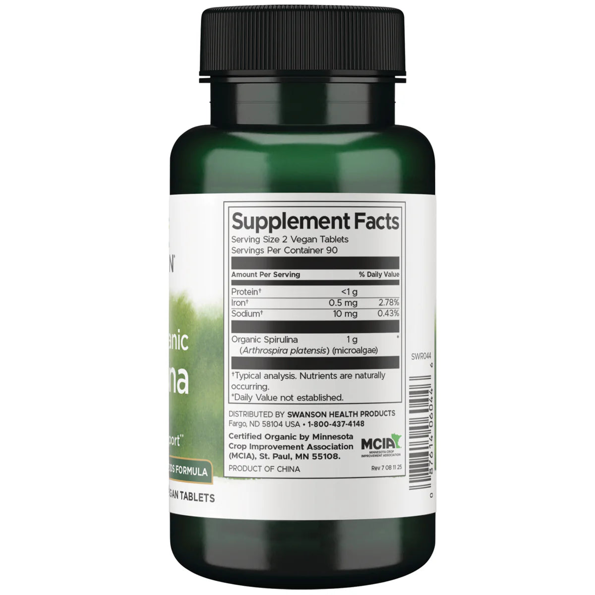 Swanson 100% Organic Spirulina - 180 Vegan Tablets supplement facts label