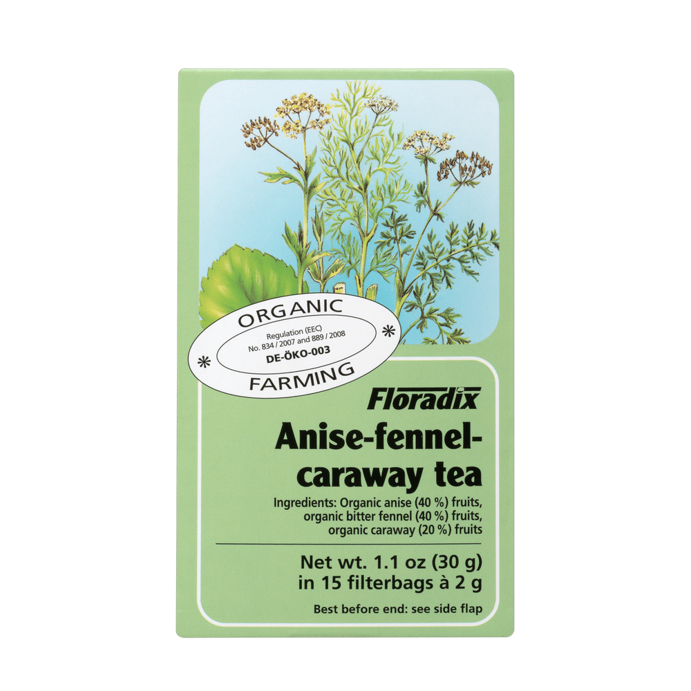 Floradix Organic Anise Fennel Caraway Herbal Tea blend box, 15 teabags.