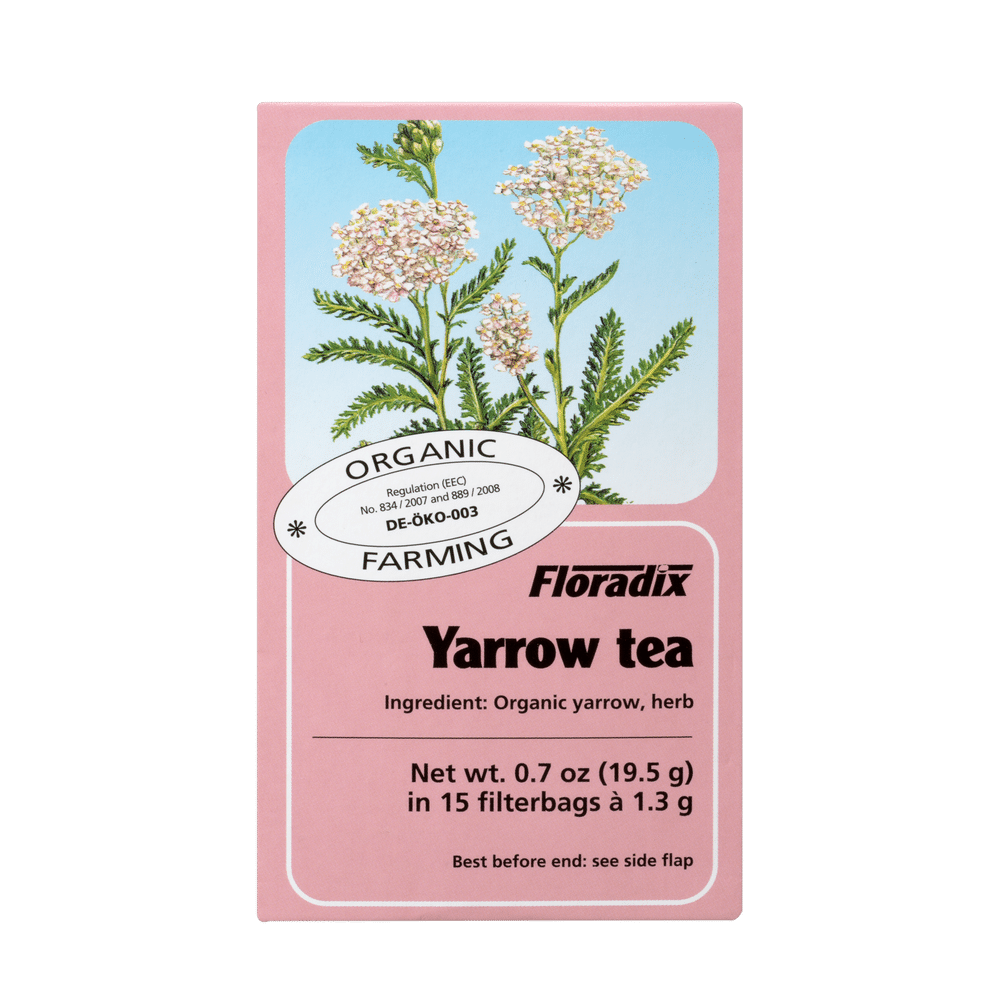 Floradix Yarrow Herbal Tea box showing 15 organic teabags.