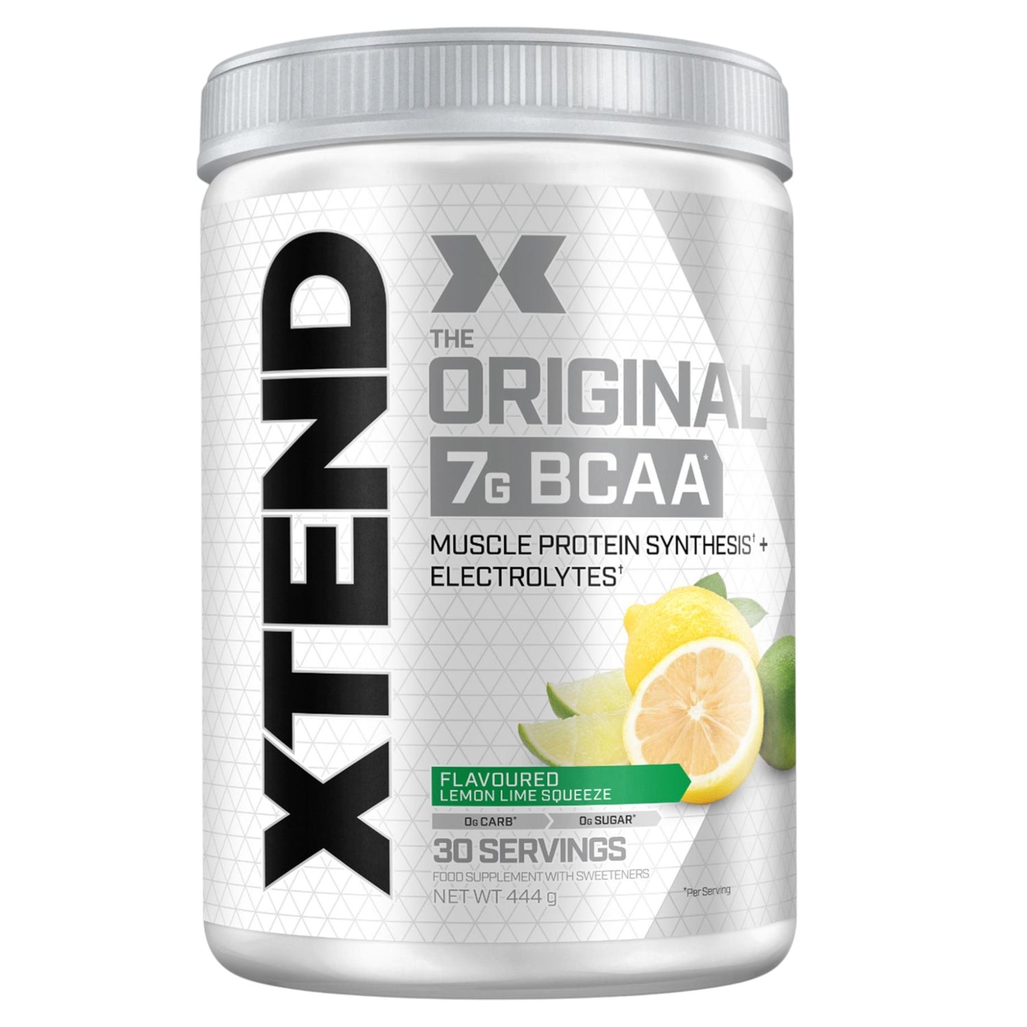 Front image: XTEND Original BCAA Powder Lemon Lime tub powder 444g 30 servings