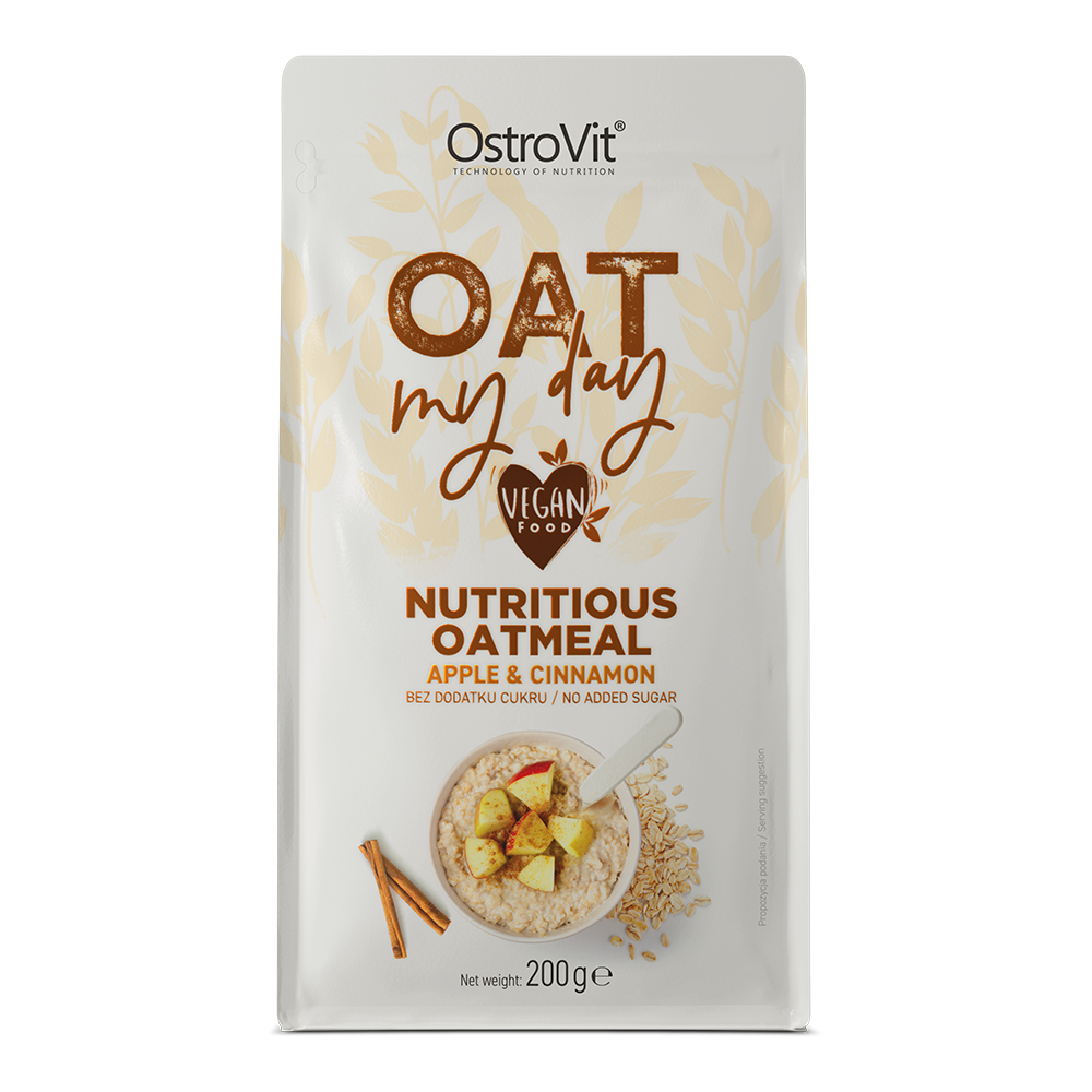 Front image: OstroVit Oat My Day oatmeal apple cinnamon flavour pouch 200g