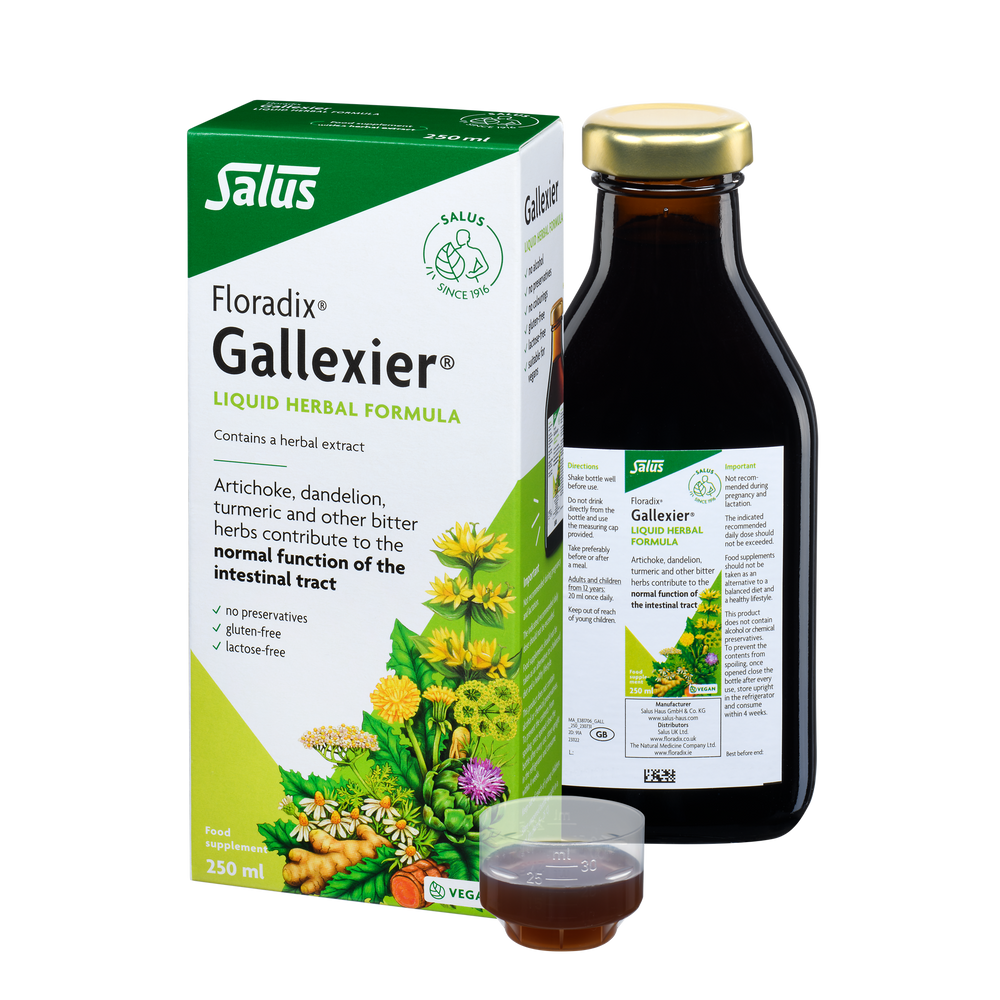 Floradix Gallexier Liquid Herbal Formula bottle, box & dosage 250ml.