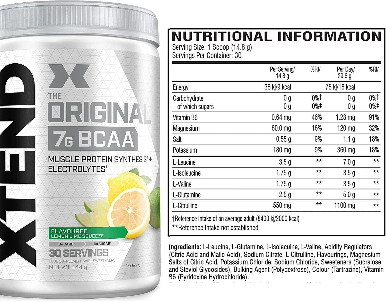 Supplement facts & ingredients image: XTEND Original BCAA Powder Lemon Lime supplement facts ingredients tub powder 444g 30 servings