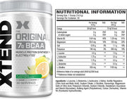 Supplement facts & ingredients image: XTEND Original BCAA Powder Lemon Lime supplement facts ingredients tub powder 444g 30 servings