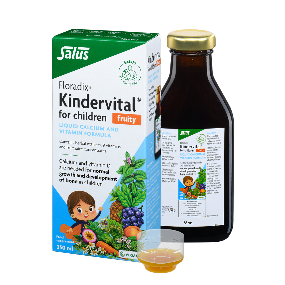 Floradix Kindervital Fruity Children's Liquid Vitamins bottle, box & dosage 250ml.