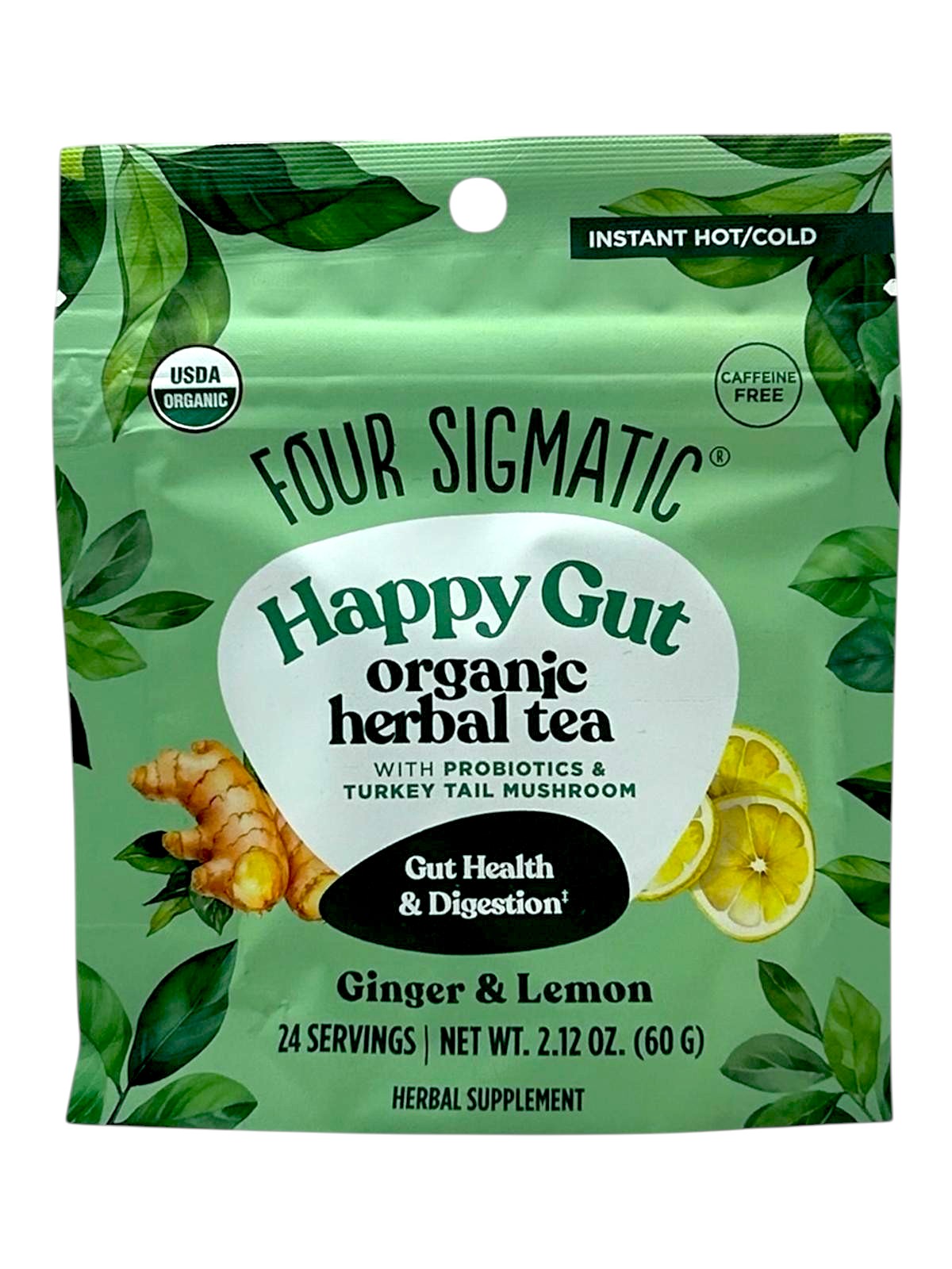 Four Sigmatic Happy Gut organic herbal tea package with green leaves on a white background