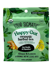 Four Sigmatic Happy Gut organic herbal tea package with green leaves on a white background
