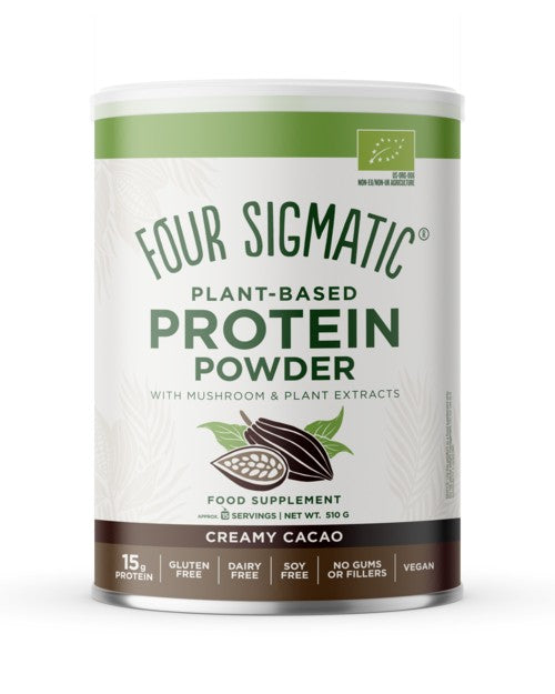 Four Sigmatic protein powder ingredients and product information panel on packaging